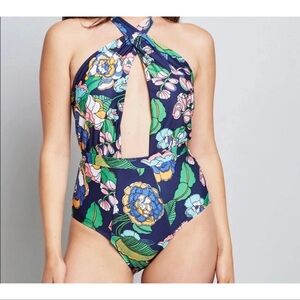 ModCloth Navy Floral Halter One-Piece Swimsuit